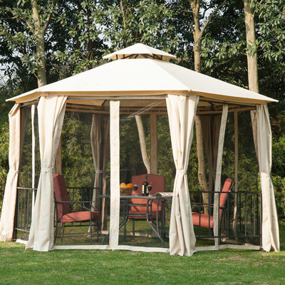 13' X Garden Gazebo With Protection Netting - Hexagon Outdoor Canopy Shelter Curtains, Steel Frame, Beige Reduced Heat Double Roof Netting, Solid Frame