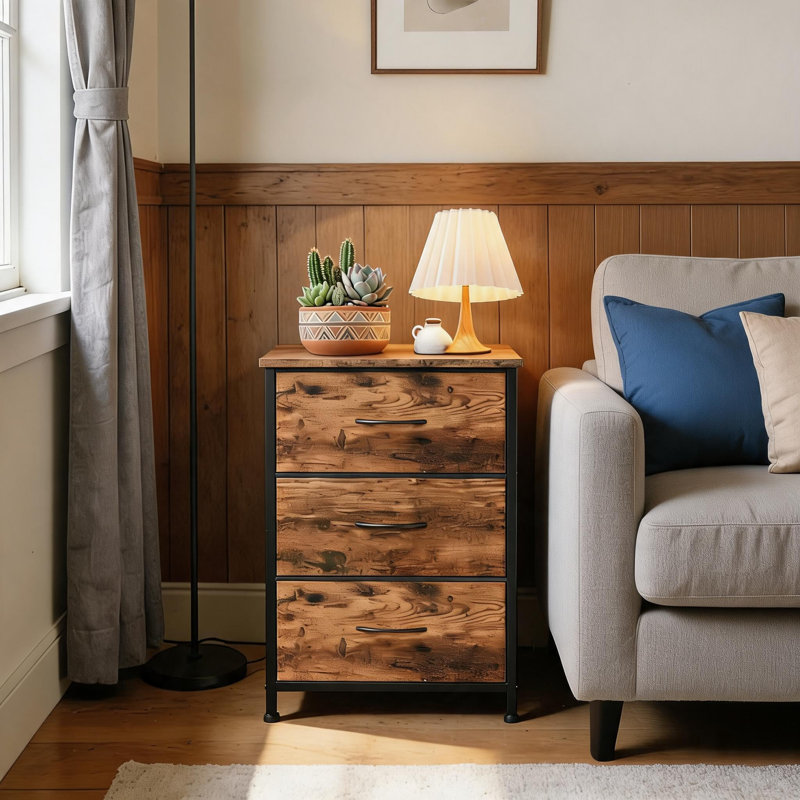 Tour de rangement commode à 3 tiroirs en tissu avec structure métallique robuste et plateau en bois