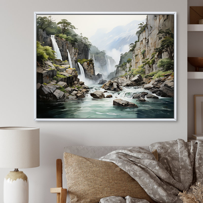 «Waterfall Cliff Scenery Magic III», reproduction sur toile, Cadre flottant blanc, H 12 po x l 20 po x P 1 po