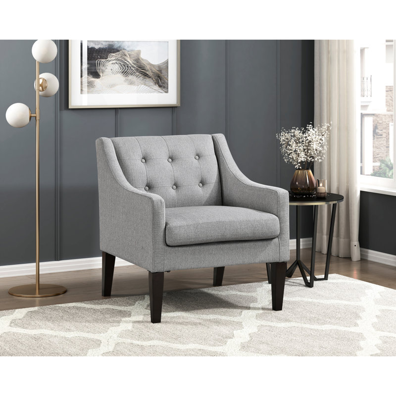 Chaise d'appoint de salon moderne en gris, revêtement en tissu à boutons, structure en contreplaqué, coussins de siège en mousse haute, housse réversible, coussin de pieds en bois d'hévéa brun amovible