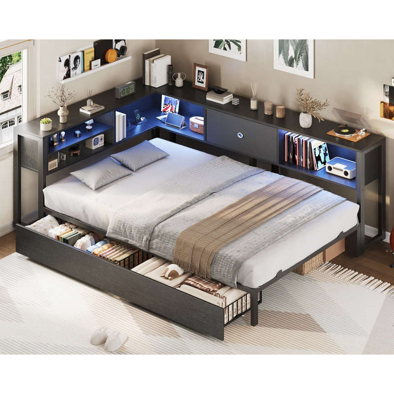 Lit de coin double avec rangement, éclairage DEL et station de recharge, cadre de lit double en forme de L avec tête de lit et tiroirs de rangement, lit plateforme en métal avec bibliothèque pour chambres à coucher