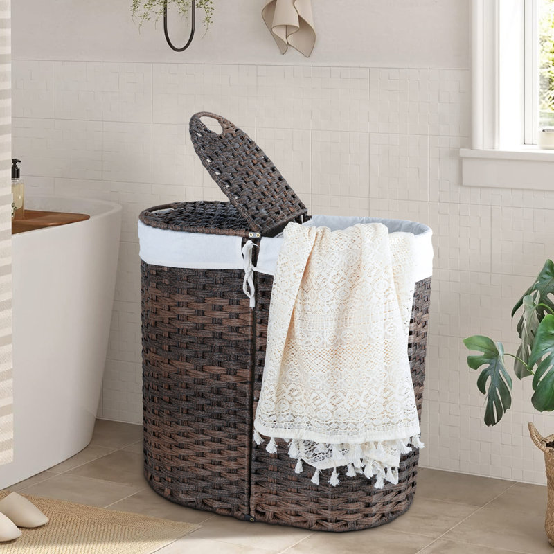 Panier à linge 110 L avec couvercle et poignées renforcées, trieur de vêtements à 2 sections avec doublures amovibles, conception facile à transporter pour la salle de lavage