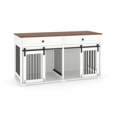 Grande table d'appoint en bois pour chien avec cage pour chien double 63 po avec cloison amovible, 2 tiroirs et porte de grange coulissante, cage intérieure résistante à l'eau pour 1 grand chien / 2 petits chiens