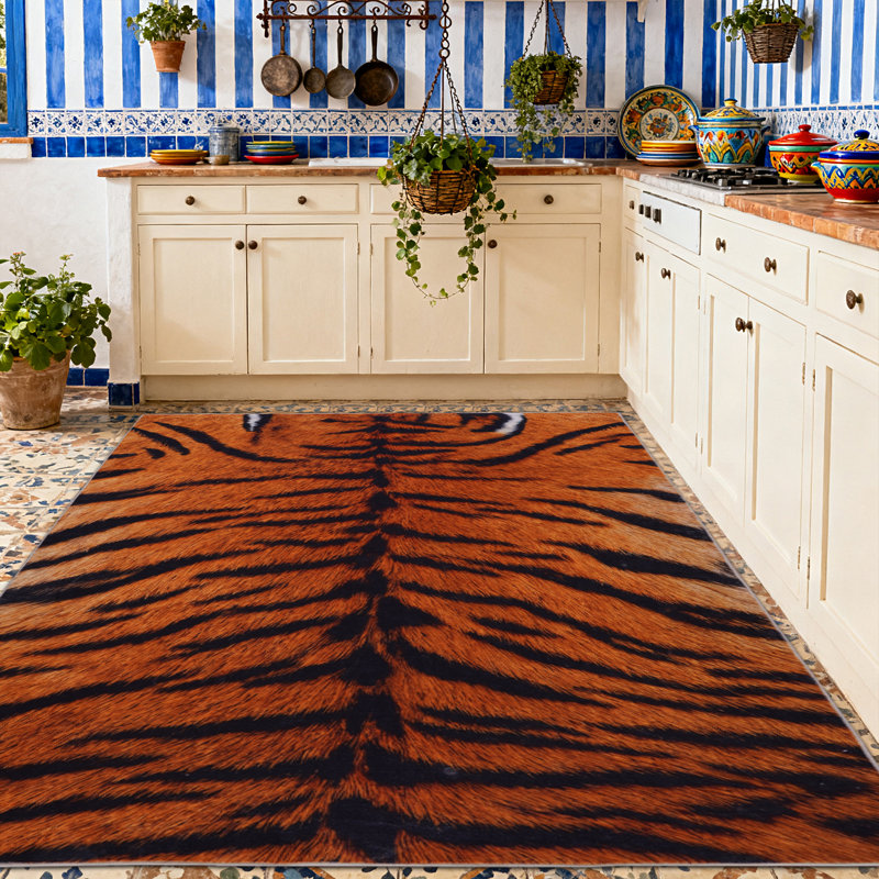 Washable Tiger Print Area Rug, Living Room Bedroom Decor- Rust & Black Animal Pattern Carpet, Non-Slip Low Pile Pet-Friendly Easy Clean, (Christmas & New Year Gatherings) 5x7ft