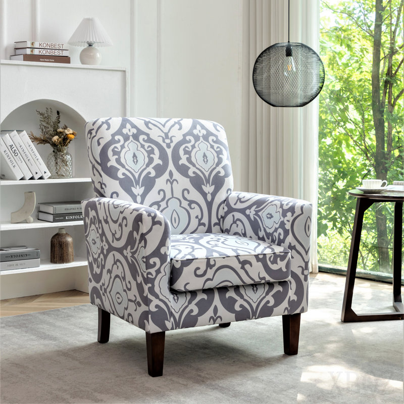 Chaise avec accoudoirs en mélange de polyester à motifs, structure en bois de bouleau massif avec pieds fuselés bruns, chaise d'appoint rembourrée de mousse avec garniture pour le bureau du salon