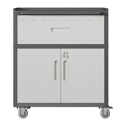 Armoire de rangement à 1 tiroir et 2 portes verrouillables, armoire de rangement en métal robuste avec roues, noir et gris
