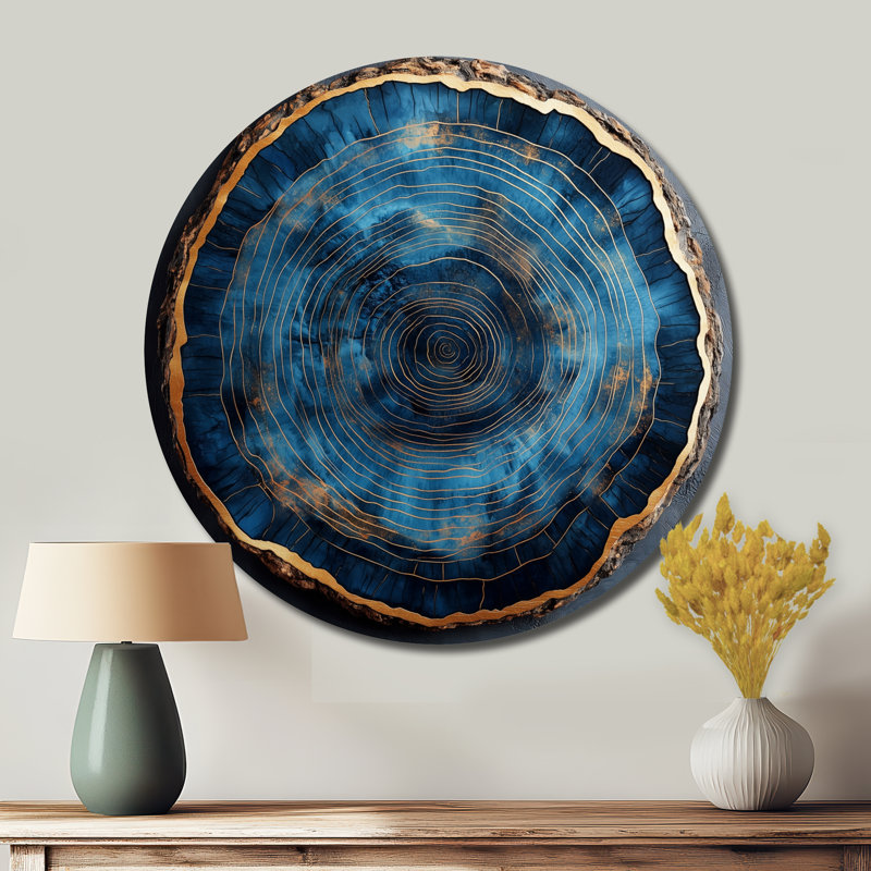 «Blue Forest Of Wood Slide Collage II - Forest», art mural rond en métal, H 16 po x l 16 po