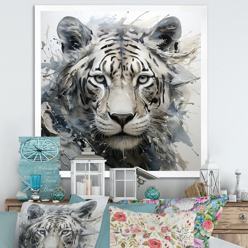 Œil de tigre gris et beige, H 36 po x l 36 po x P 1,5 po, Cadre photo blanc