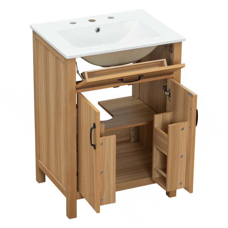 Meuble-lavabo 24 po avec cadre en bois, tiroir rabattable, 2 portes à fermeture douce avec rangement pour porte, tablette réglable et meuble-lavabo moderne