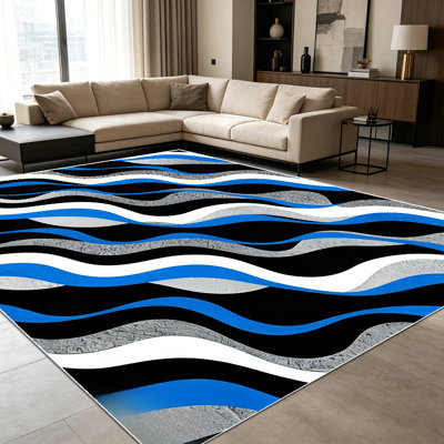 Tapis à rayures géométriques ondulées bleu, noir et blanc, 1 pièce pour le salon, doux et confortable, convenant à toutes les saisons, facile à entretenir, lavable à la machine, tapis de dessous de table convenant au salon, à la table de salle à
