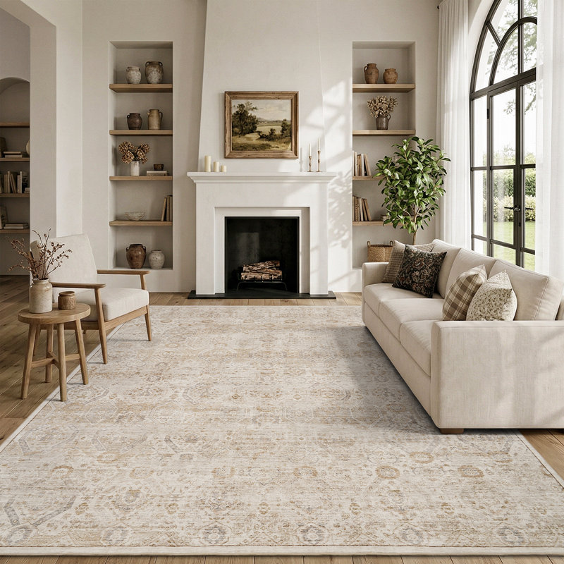 Soft Washable Vintage Distressed Beige Area Rug with Non-Slip Backing, Rectangle 5' x 7', Beige