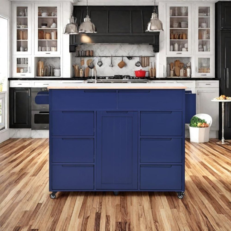 Kitchen Cart with Rubber Wood Countertop, Blue
