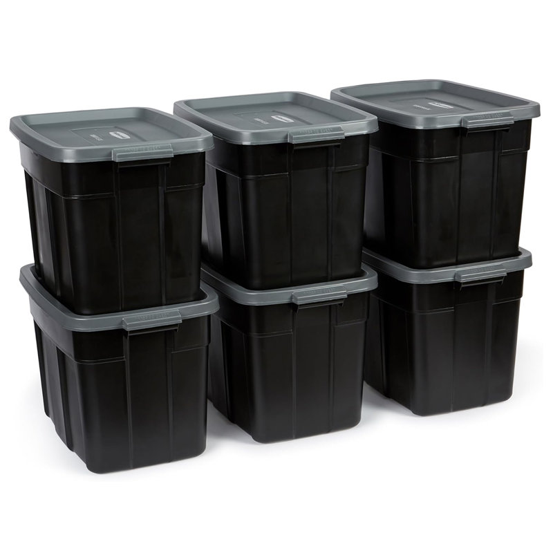 Bacs de rangement 18 gallons avec couvercles Rubbermaid Roughneck, paquet de 6, noir et gris