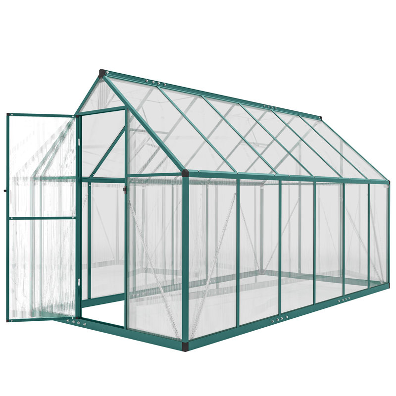 Polycarbonate Greenhouse With Swing Door And Two Adjustable Roof Vents, Aluminum Walk-In Greenhouse, 11X6 Ft, Dark Green