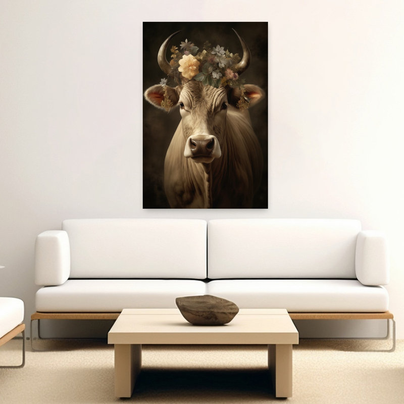 Vache avec couronne florale, art abstrait rétro, fleur de vache, nature, H 60 po x l 40 po