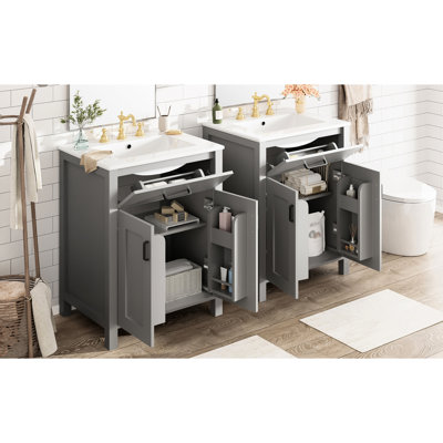 Meuble-lavabo moderne de 48 pouces avec lavabos doubles en céramique, tablette réglable et charnières à fermeture en douceur pour un fonctionnement silencieux et en douceur