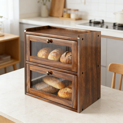Double Layer Bread Box With Acrylic Window, Wooden Countertop Bread Storage Container With Ventilation For Freshness, Large Capacity Rustic Kitchen Organizer