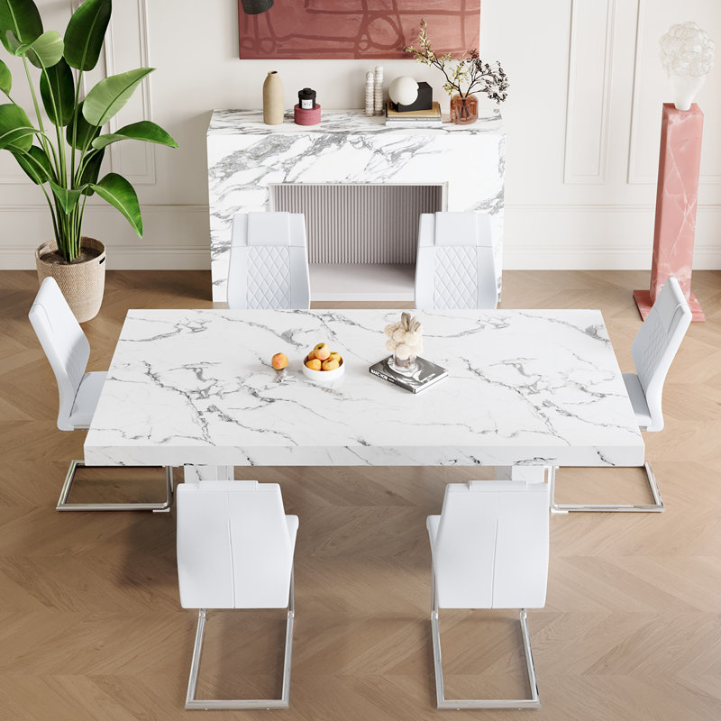 79'' Marble-Patterned Wood Dining Table Set for 6, 7, White