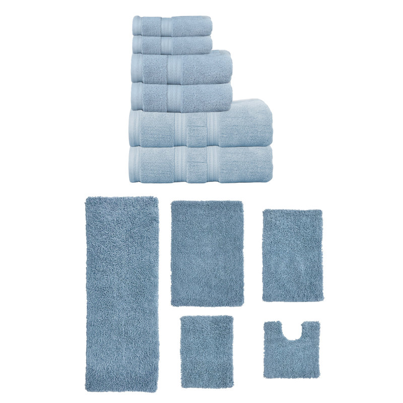 Ensemble de serviettes 3 pièces et tapis de bain 3 pièces Bruno Collection 100% coton doux (ensemble de 6), Bleu
