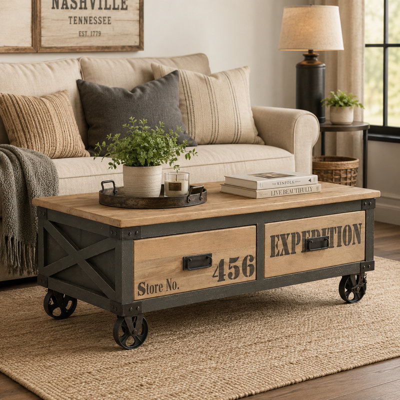 Taylors Industrial Coffee Table with 4 Drawers 120cm Solid Mango Wood on Wheels