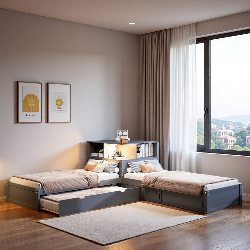 L-shaped Platform Bed With Storage Cabinets, Desk, Trundle And Led Light, Grey