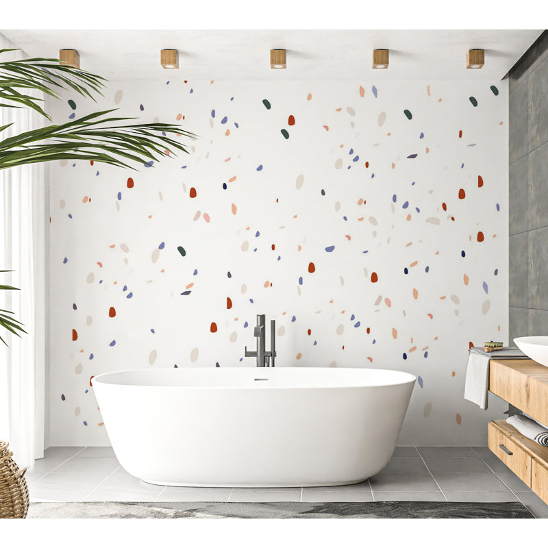 Murale abstraite - Terrazzo classique sur fond blanc, L 110 po x l 154 po, Peler et coller