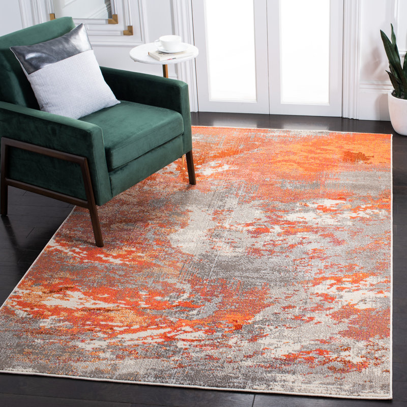 Tapis bleu clair / vert Etta, Orange/Grey, Rectangle 8 pi x 10 pi