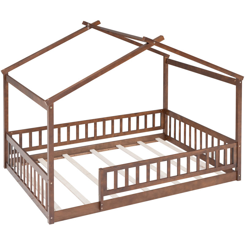 Structure de lit double pleine grandeur en noyer pour, avec clôture, pin, jeu et repos, adolescents en bois semi-fermés, espace de repos stable