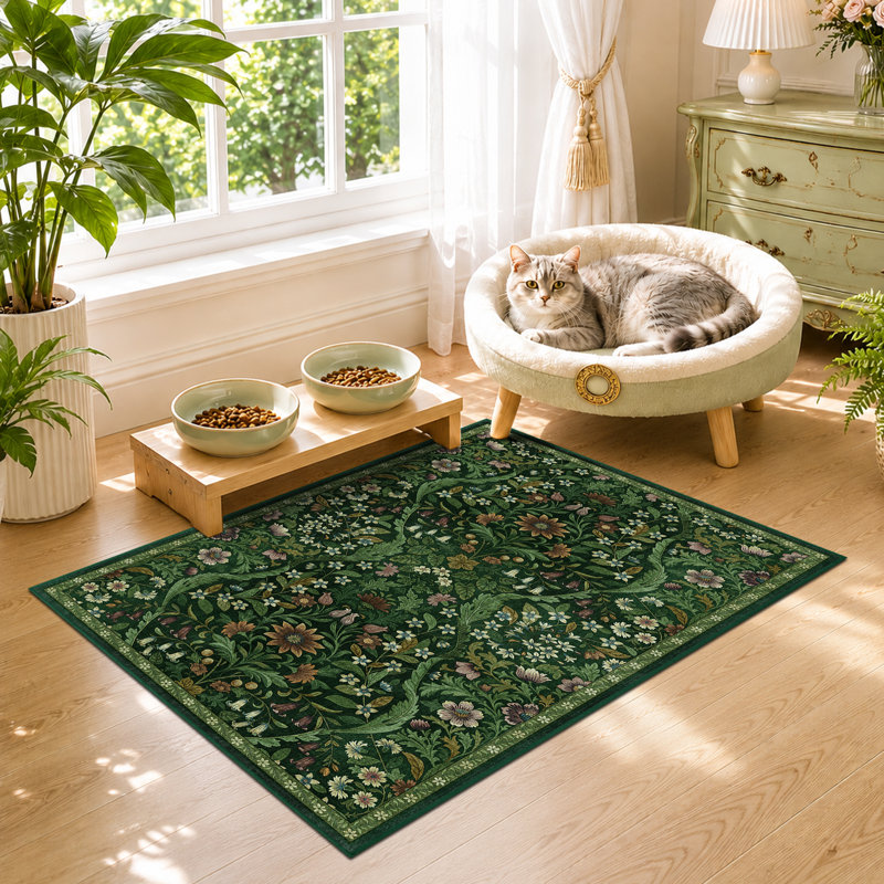 Washable Area Rug - Vintage Boho Botanical Low-Pile Rug, Dark Green, Rectangle 2' x 3'