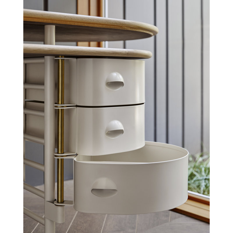 Frank Lloyd Wright Racine Desk with Storage and Accessories, 35" H x 72" W x 37" D, Oak Brown/White
