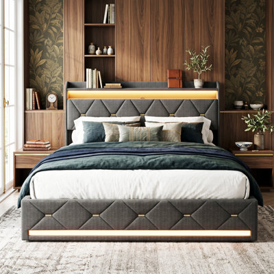EU Double & King Linen Ottoman Bed with Wireless Charging & Dual LED, Tufted Wingback Storage Headboard, 140/160x200cm, Grey
