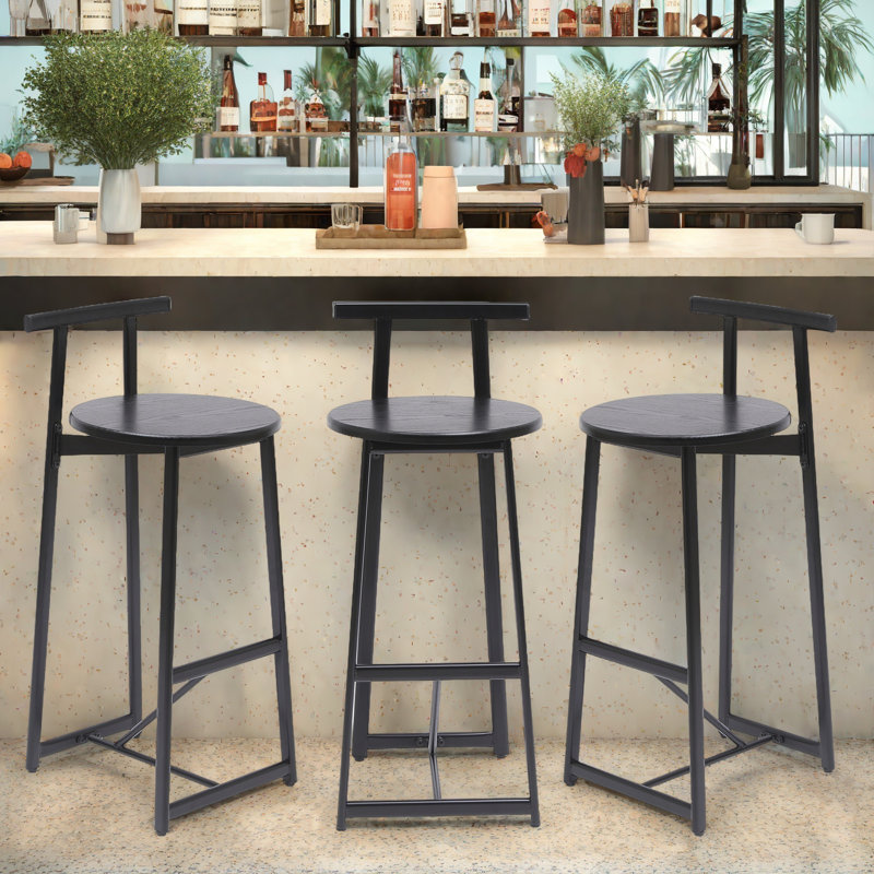 Set Of 3 Wooden Round Bar Stools With Backrest, Footrest And Metal Legs, Black