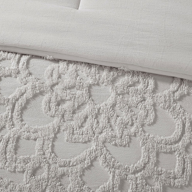 Édredon très grand en médaillon en chenille de coton gris très grand / très grand, Édredon très grand + 2 taies décoratives