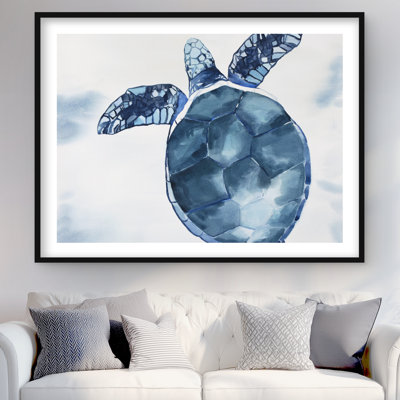 Tortue bleue aquarelle - reproduction encadrée exotique de mer pour la décoration