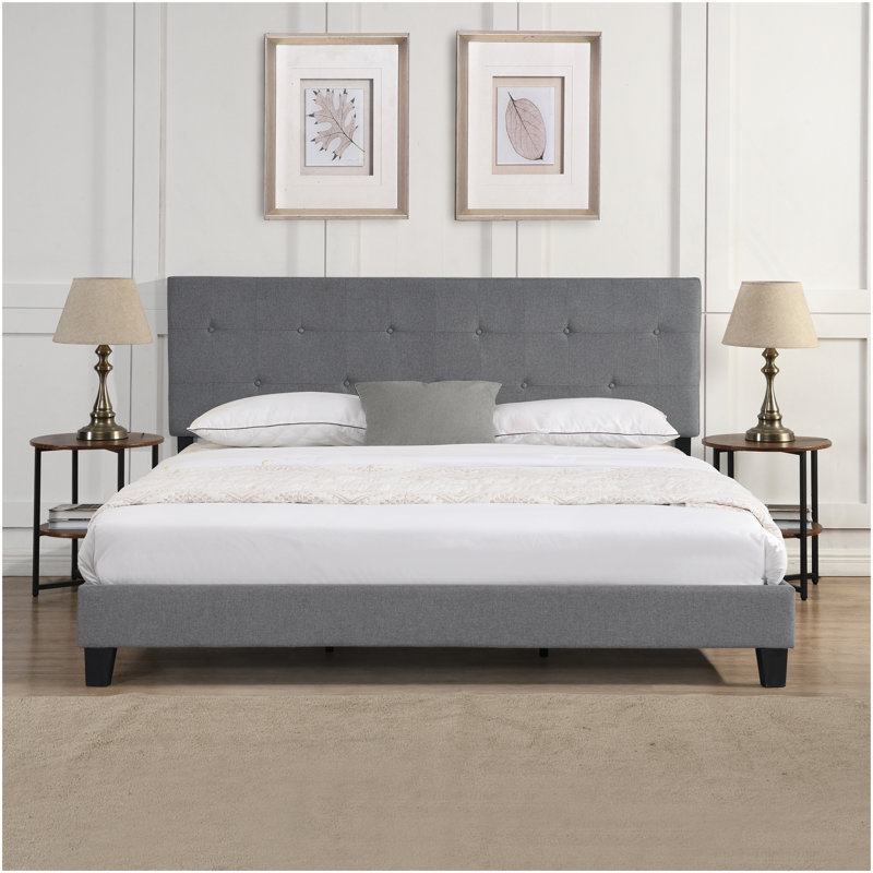 Très grande base de lit tapissier avec tête de lit en tissu capitonné, pas de sommier tapissier, support à lattes de bois, assemblage facile, gris