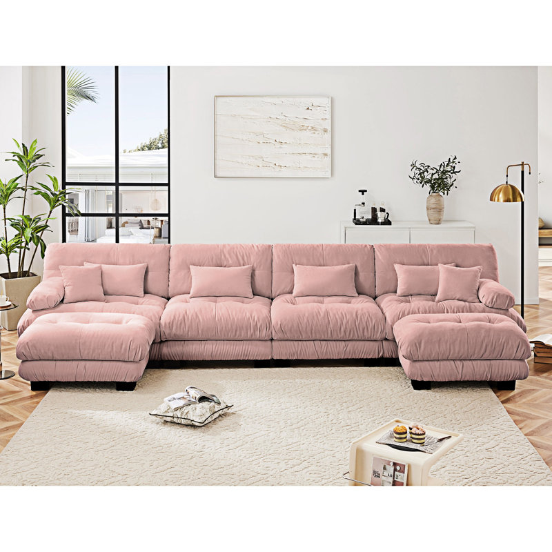 Modular Sectional Sofa Couch With Convertible Ottomans, Pink, 4, 35.43" H x 173.23" W x 36.03" D