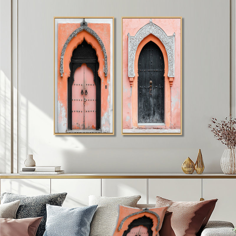Ensemble de 2 pièces d'art ornementales avec porte marocaine orange Rhapsody, H 28 po x l 24 po, Cadre flottant érable