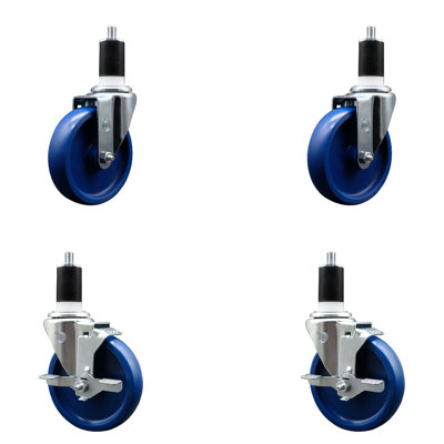 5 Inch SS Solid Poly Wheel Swivel 1-1/2 Inch Expanding Stem Caster Set 2 Brakes SCC