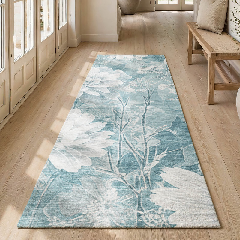 Tapis floral intérieur / extérieur lavable à la machine Chantille ACN2882, Turquoise, Tapis de couloir 2 pi 3 po x 7 pi 6 po
