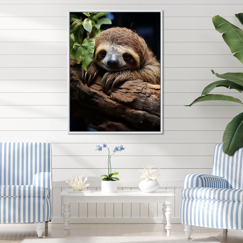 Rustic Repose Sloth sur toile, H 32 po x l 16 po x P 1 po, Cadre flottant blanc
