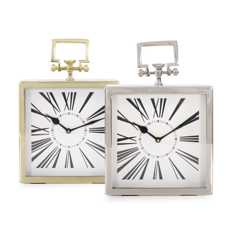 Gold Square Handled Table Clock with Textured Metal Surround