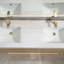 Double meuble-lavabo mural moderne en bois massif avec plateau en pierre et lumière-364179501