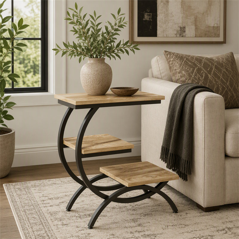 Table de bout en C, table d'appoint industrielle à 3 niveaux, Brun clair/noir, Light Brown