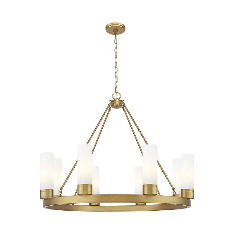 Jaiwan - Lustre 6 lumières avec abat-jour, Laiton brossé, Blanc rayé