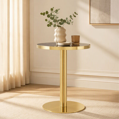 Modern Round Bistro Table, 23.6" Faux Marble Small Dining Table with Pedestal Base & Stainless Steel Edge Banding, High-Gloss UV Top Accent Table for 2, Kitchen Living Room Cafe.