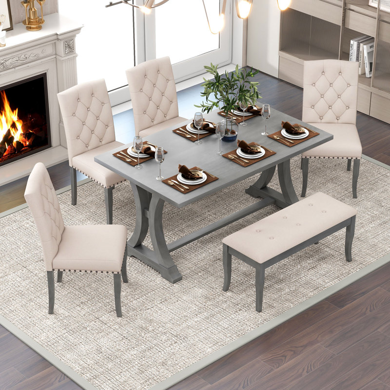 Shanequah 6-Piece Farmhouse Dining Table Set, Rectangular Trestle Table and 4 Upholstered Chairs & Bench for Dining Room