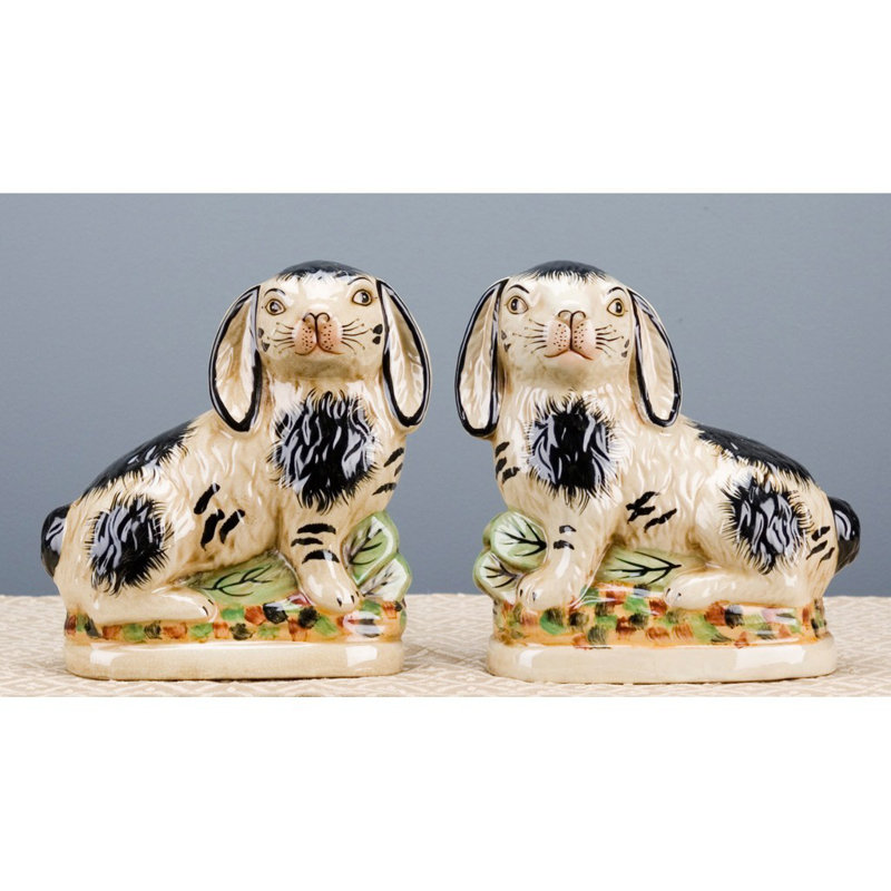 Small Staffordshire Bunny Hares Figurine, Cream/Black, 8" H x 4" W x 8" D