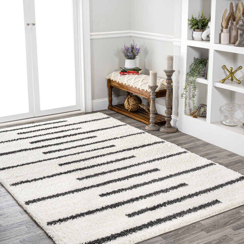 Colline Berber Stripe Shag White/Gray Rug, Rectangle 4' x 6'