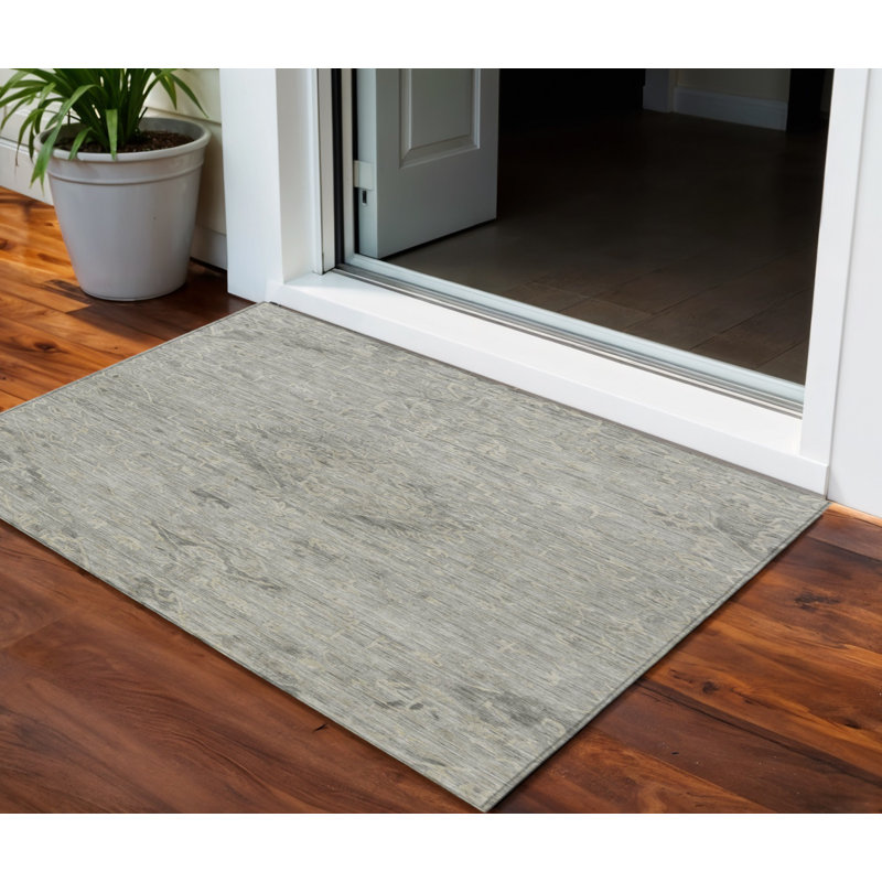3' X 5' Pewter And Beige Floral Washable Indoor Outdoor Area Rug