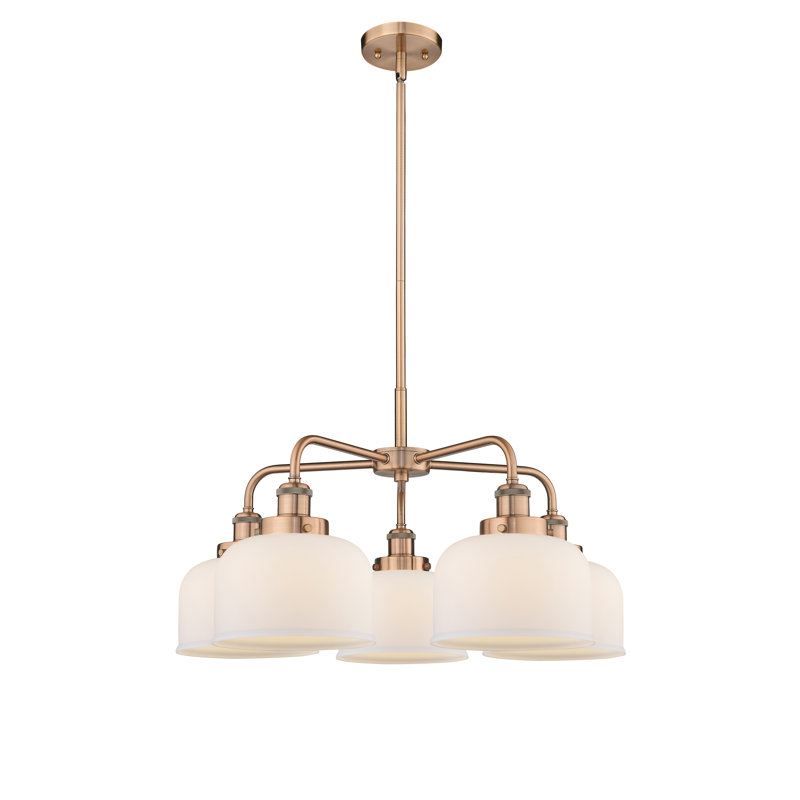 Lustre en verre à 5 lumières Bell, Blanc mat, Cuivre antique